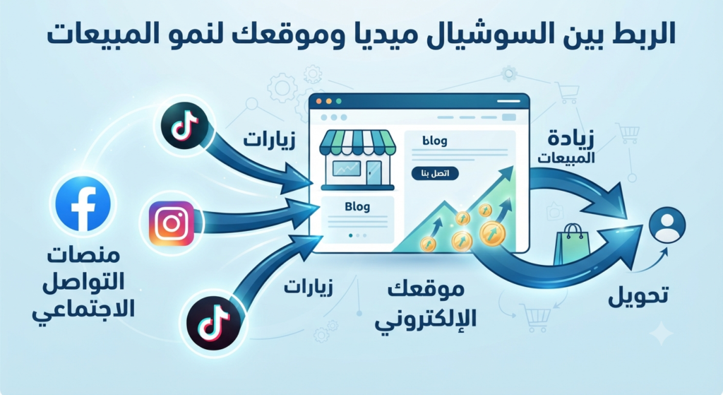 انفوجرافيك يوضح كيفية التسويق الالكتروني عبر ربط منصات التواصل الاجتماعي بالموقع لزيادة الأرباح.